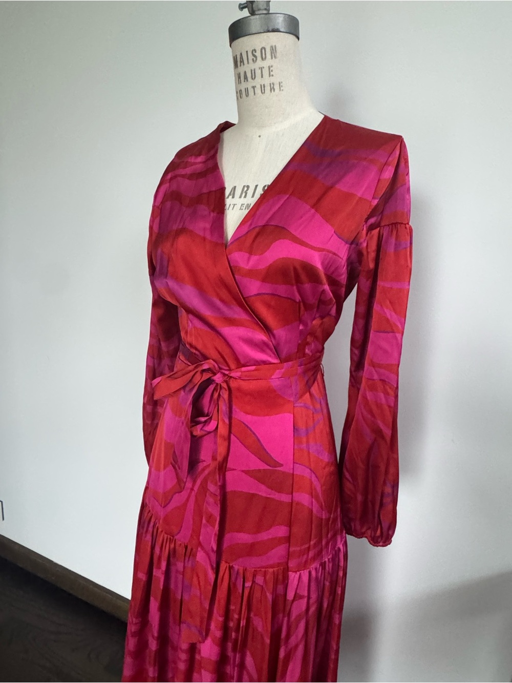 Hutch Pink and Red Wrap-Style Long Sleeve Maxi Dress